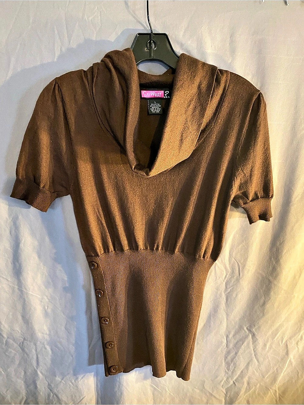 Say What? Women's Brown Cowl Neck Sweater with Side Buttons Size Large